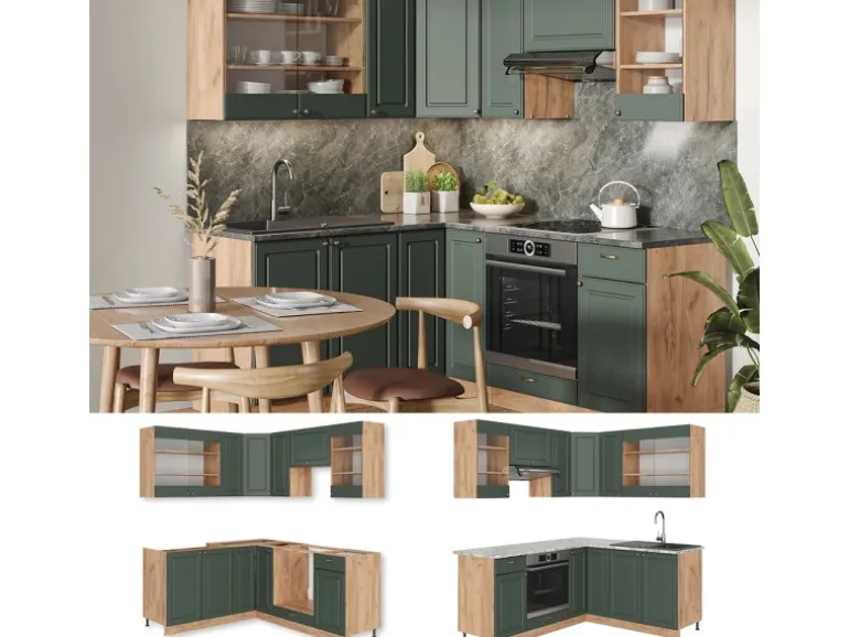 Vicco Fame-Line Eckküche Grün-Gold Landhaus/Goldkraft Eiche 160 x 60 cm ohne Arbeitsplatte ohne E-Geräte