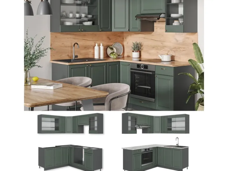 Vicco Fame-Line Eckküche Grün-Gold Landhaus/Anthrazit 160 x 190 cm AP Eiche ohne E-Geräte