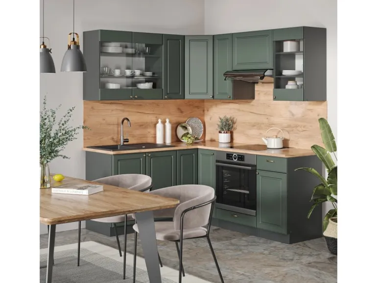 Vicco Fame-Line Eckküche Grün-Gold Landhaus/Anthrazit 160 x 190 cm AP Eiche ohne E-Geräte