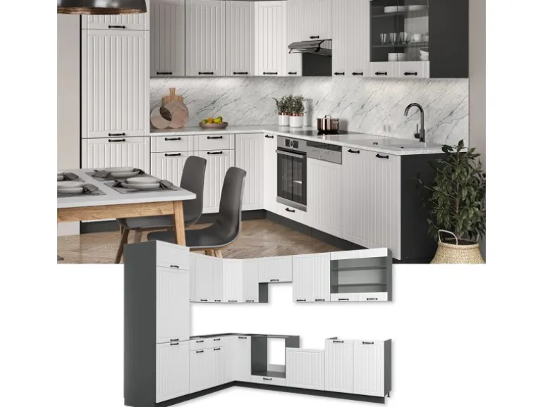 Vicco Fame-Line Eckküche Weiß Landhaus/Anthrazit 227 x 287 cm AP Eiche ohne E-Geräte
