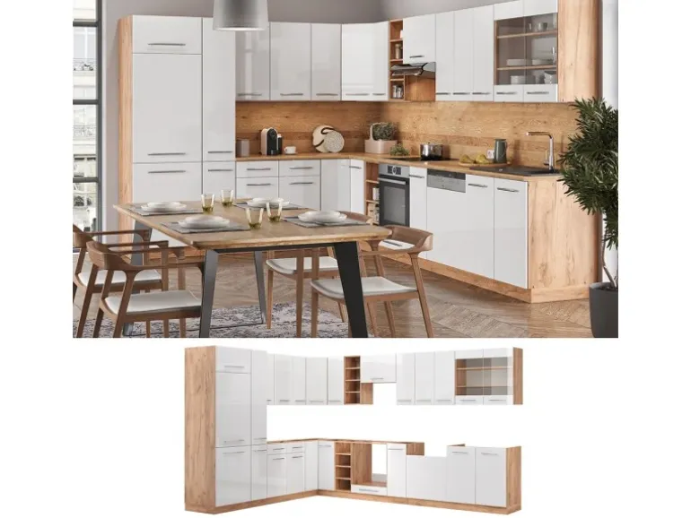 Vicco Fame-Line Eckküche Weiß Hochglanz/Goldkraft Eiche 347 x 257 cm AP Anthrazit ohne E-Geräte