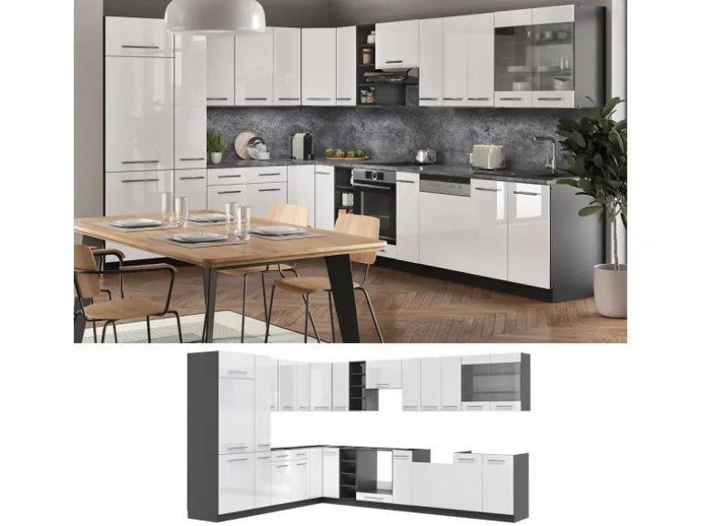 Vicco Fame-Line Eckküche Weiß Hochglanz/Anthrazit 347 x 257 cm AP Anthrazit ohne E-Geräte