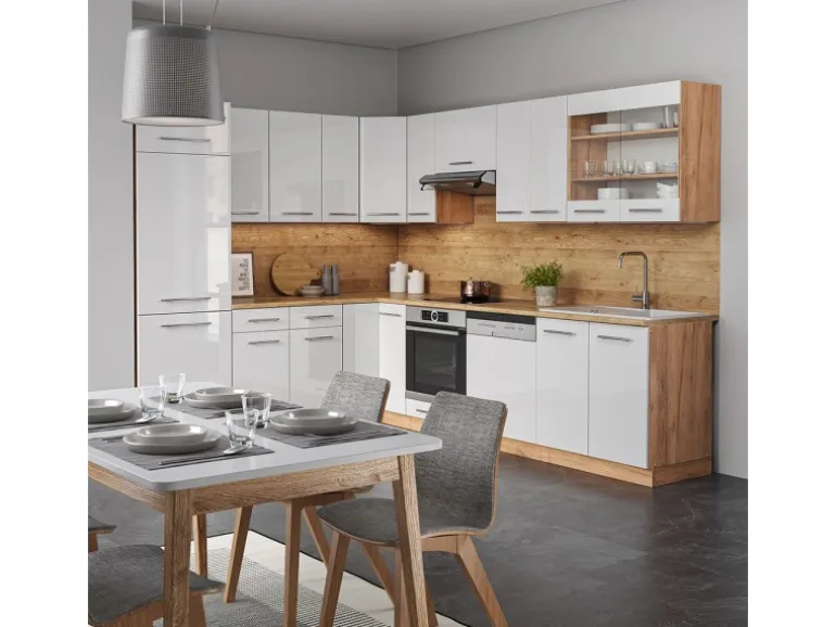 Vicco Fame-Line Eckküche Weiß Hochglanz/Goldkraft Eiche 227 x 60 cm ohne Arbeitsplatte ohne E-Geräte