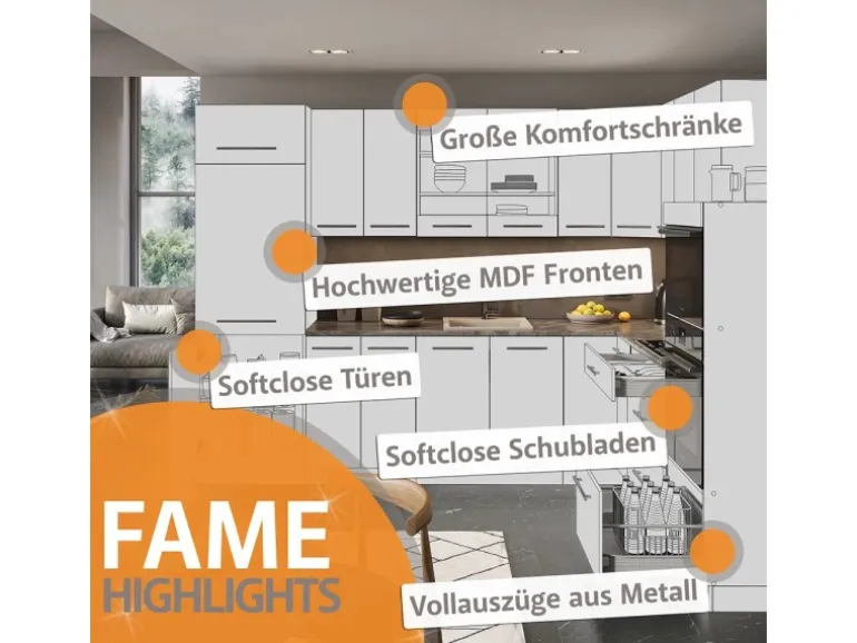 Vicco Fame-Line Küchenschränke Anthrazit Landhaus/Goldkraft Eiche 347 x 257 cm AP Marmor ohne E-Geräte