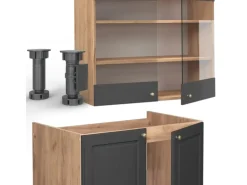 Vicco Fame-Line Küchenschränke Anthrazit Landhaus/Goldkraft Eiche 240 cm AP Marmor ohne E-Geräte