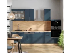Vicco Fame-Line Küchenschränke Dunkelblau Hochglanz/Goldkraft Eiche 300 cm mit HochschrankAP Anthrazit ohne E-Geräte