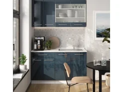 Vicco Fame-Line Küchenschränke Dunkelblau Hochglanz/Weiß 140 cm AP Marmor ohne E-Geräte