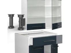 Vicco Fame-Line Küchenschränke Dunkelblau Hochglanz/Weiß 140 cm AP Marmor ohne E-Geräte