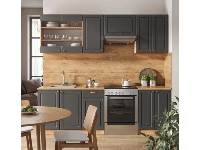 Vicco Fame-Line Küchenschränke Anthrazit Landhaus/Goldkraft Eiche 240 cm AP Anthrazit ohne E-Geräte