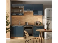 Vicco Fame-Line Küchenschränke Dunkelblau Hochglanz/Goldkraft Eiche 200 cm AP Eiche ohne E-Geräte