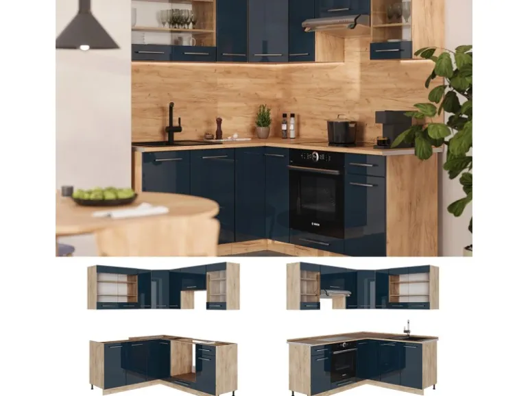Vicco Fame-Line Küchenschränke Dunkelblau Hochglanz/Goldkraft Eiche 160 x 60 cm ohne Arbeitsplatte ohne E-Geräte