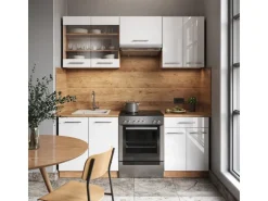 Vicco Fame-Line Küchenschränke Weiß Hochglanz/Goldkraft Eiche 200 cm AP Anthrazit ohne E-Geräte