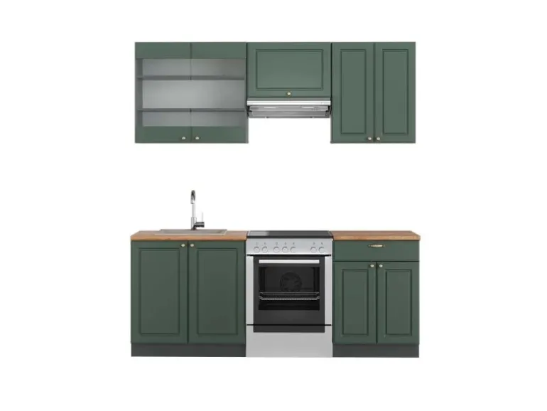 Vicco Fame-Line Küchenschränke Grün-Gold Landhaus/Anthrazit 200 cm AP Eiche ohne E-Geräte
