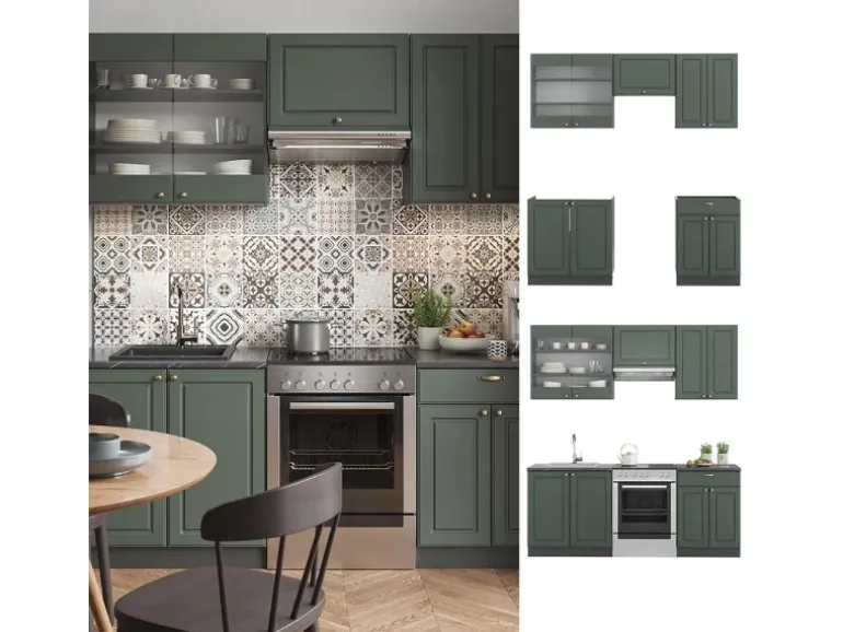 Vicco Fame-Line Küchenschränke Grün-Gold Landhaus/Anthrazit 200 cm AP Eiche ohne E-Geräte