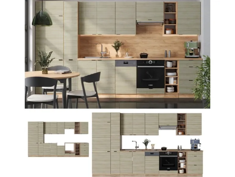 Vicco Fame-Line Küchenzeile Eiche Paneel/Goldkraft Eiche 355 cm AP Marmor ohne E-Geräte