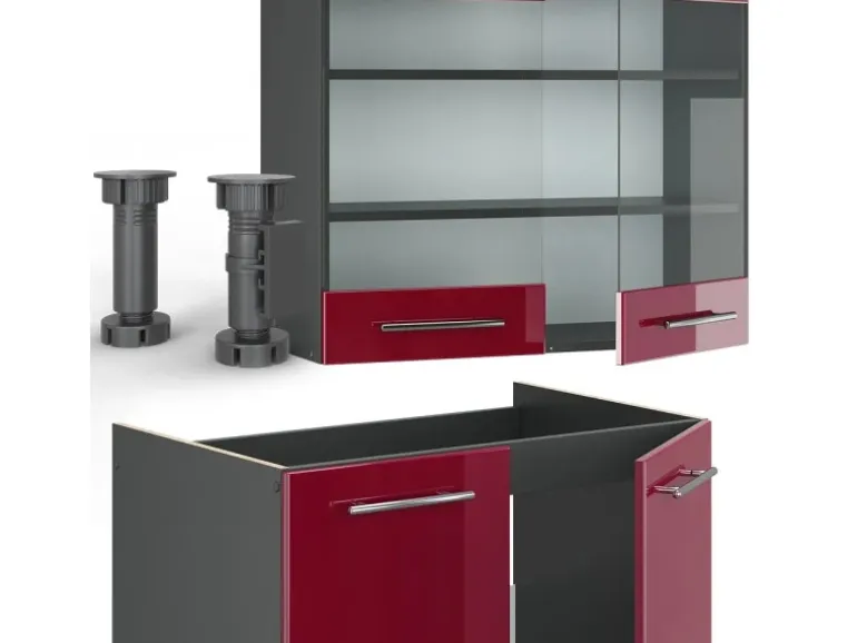 Vicco Fame-Line Küchenzeile Bordeaux Hochglanz/Anthrazit 240 cm AP Marmor ohne E-Geräte