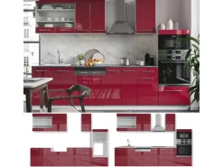 Vicco Fame-Line Küchenzeile Bordeaux Hochglanz/Weiß 300 cm mit HochschrankAP Eiche ohne E-Geräte