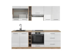 Vicco Fame-Line Küchenzeile Weiß Hochglanz/Goldkraft Eiche 235 cm AP Eiche ohne E-Geräte