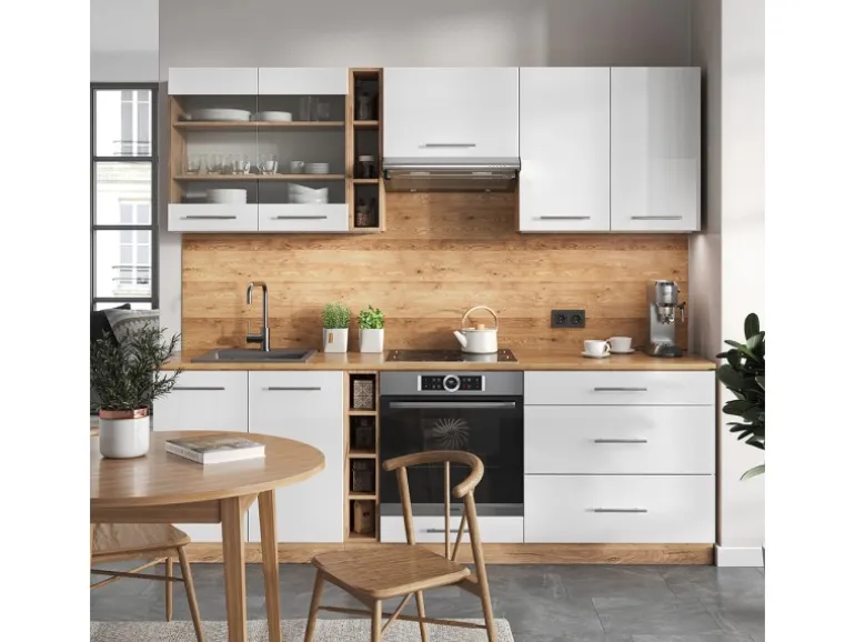 Vicco Fame-Line Küchenzeile Weiß Hochglanz/Goldkraft Eiche 235 cm AP Eiche ohne E-Geräte