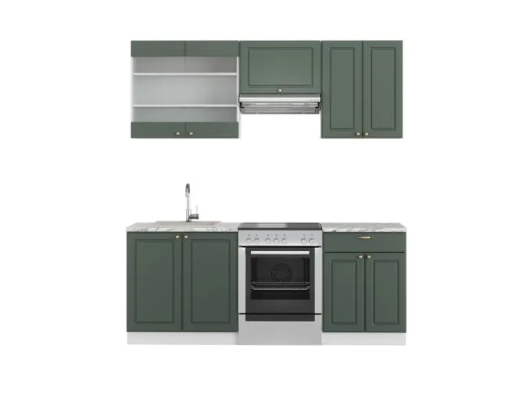 Vicco Fame-Line Küchenzeile Grün-Gold Landhaus/Weiß 200 cm AP Marmor ohne E-Geräte