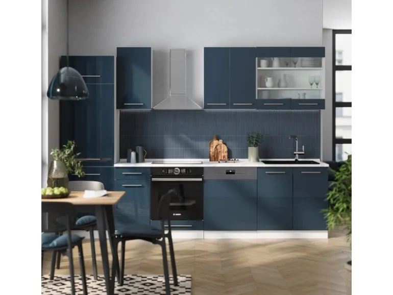 Vicco Fame-Line Küchenzeile Dunkelblau Hochglanz/Weiß 300 cm AP Marmor ohne E-Geräte