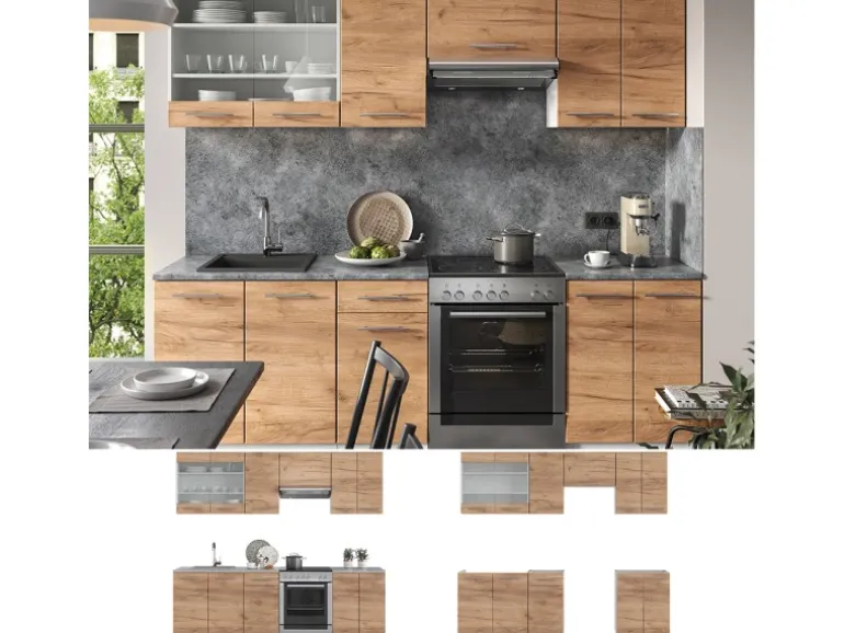 Vicco Fame-Line Küchenzeile Goldkraft Eiche/Weiß 240 cm AP Anthrazit ohne E-Geräte