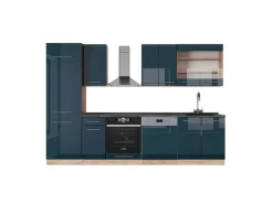 Vicco Fame-Line Küchenzeile Dunkelblau Hochglanz/Goldkraft Eiche 300 cm AP Anthrazit ohne E-Geräte