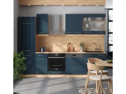 Vicco Fame-Line Küchenzeile Dunkelblau Hochglanz/Goldkraft Eiche 300 cm AP Anthrazit ohne E-Geräte