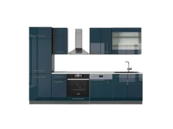Vicco Fame-Line Küchenzeile Dunkelblau Hochglanz/Anthrazit 300 cm AP Marmor ohne E-Geräte