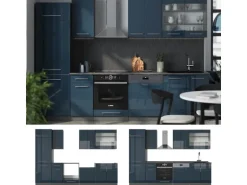 Vicco Fame-Line Küchenzeile Dunkelblau Hochglanz/Anthrazit 300 cm AP Marmor ohne E-Geräte