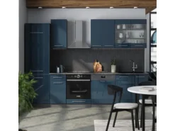 Vicco Fame-Line Küchenzeile Dunkelblau Hochglanz/Anthrazit 300 cm AP Marmor ohne E-Geräte