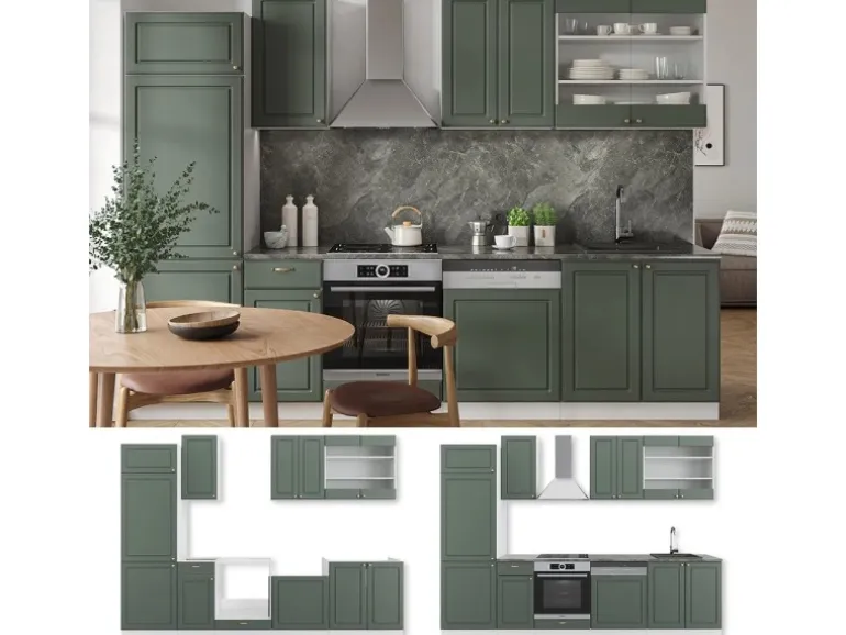 Vicco Fame-Line Küchenzeile Grün-Gold Landhaus/Weiß 300 cm AP Anthrazit ohne E-Geräte