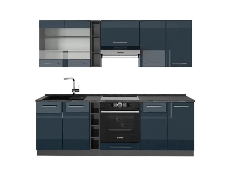 Vicco Fame-Line Küchenzeile Dunkelblau Hochglanz/Anthrazit 235 cm AP Anthrazit ohne E-Geräte