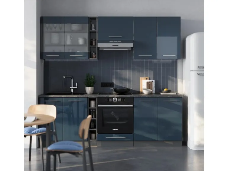 Vicco Fame-Line Küchenzeile Dunkelblau Hochglanz/Anthrazit 235 cm AP Anthrazit ohne E-Geräte
