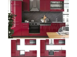 Vicco Fame-Line Küchenzeile Bordeaux Hochglanz/Anthrazit 300 cm AP Anthrazit ohne E-Geräte