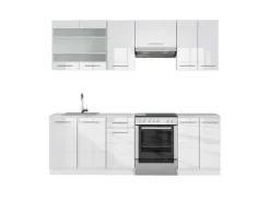 Vicco Fame-Line Küchenzeile Weiß Hochglanz/Weiß 240 cm AP Marmor ohne E-Geräte