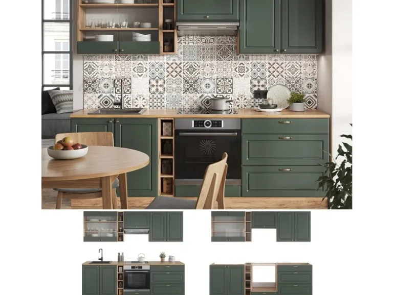 Vicco Fame-Line Küchenzeile Grün-Gold Landhaus/Goldkraft Eiche 235 cm AP Eiche ohne E-Geräte