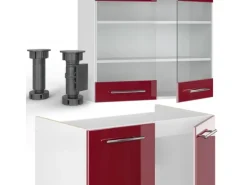 Vicco Fame-Line Küchenzeile Bordeaux Hochglanz/Weiß 235 cm AP Eiche ohne E-Geräte