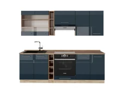 Vicco Fame-Line Küchenzeile Dunkelblau Hochglanz/Goldkraft Eiche 235 cm ohne Arbeitsplatte ohne E-Geräte