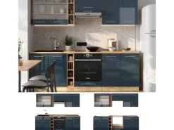 Vicco Fame-Line Küchenzeile Dunkelblau Hochglanz/Goldkraft Eiche 235 cm ohne Arbeitsplatte ohne E-Geräte