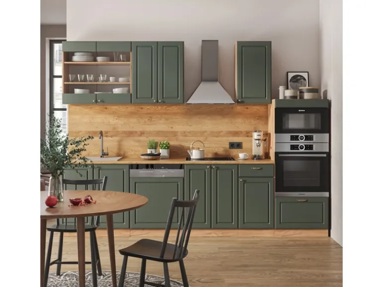 Vicco Fame-Line Küchenzeile Grün-Gold Landhaus/Goldkraft Eiche 300 cm mit HochschrankAP Marmor ohne E-Geräte