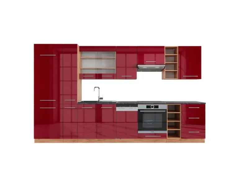 Vicco Fame-Line Küchenzeile Bordeaux Hochglanz/Goldkraft Eiche 355 cm AP Anthrazit ohne E-Geräte