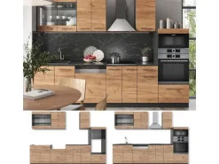 Vicco Fame-Line Küchenzeile Goldkraft Eiche/Anthrazit 300 cm mit HochschrankAP Anthrazit ohne E-Geräte