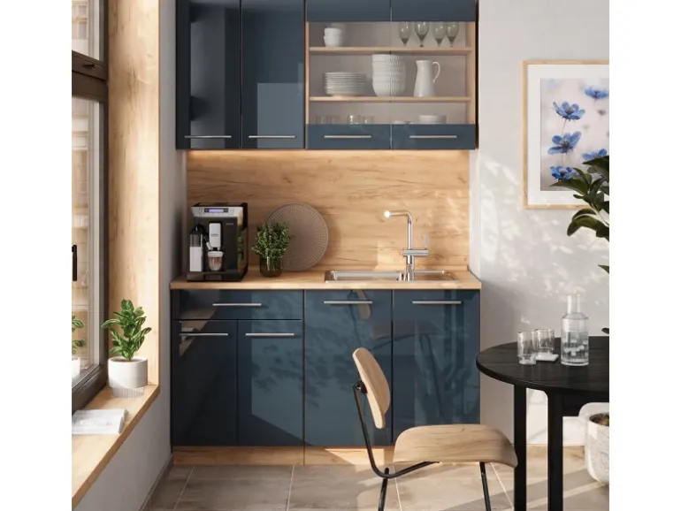 Vicco Fame-Line Küchenzeile Dunkelblau Hochglanz/Goldkraft Eiche 140 cm ohne Arbeitsplatte ohne E-Geräte