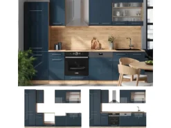 Vicco Fame-Line Küchenzeile Dunkelblau Hochglanz/Goldkraft Eiche 300 cm ohne Arbeitsplatte ohne E-Geräte