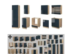 Vicco Fame-Line Küchenzeile Dunkelblau Hochglanz/Goldkraft Eiche 300 cm ohne Arbeitsplatte ohne E-Geräte