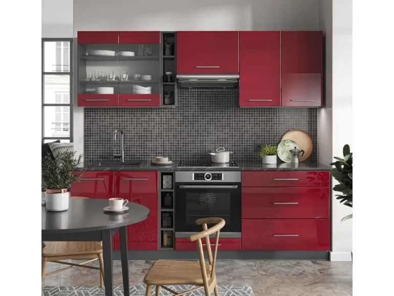 Vicco Fame-Line Küchenzeile Bordeaux Hochglanz/Anthrazit 235 cm AP Marmor ohne E-Geräte