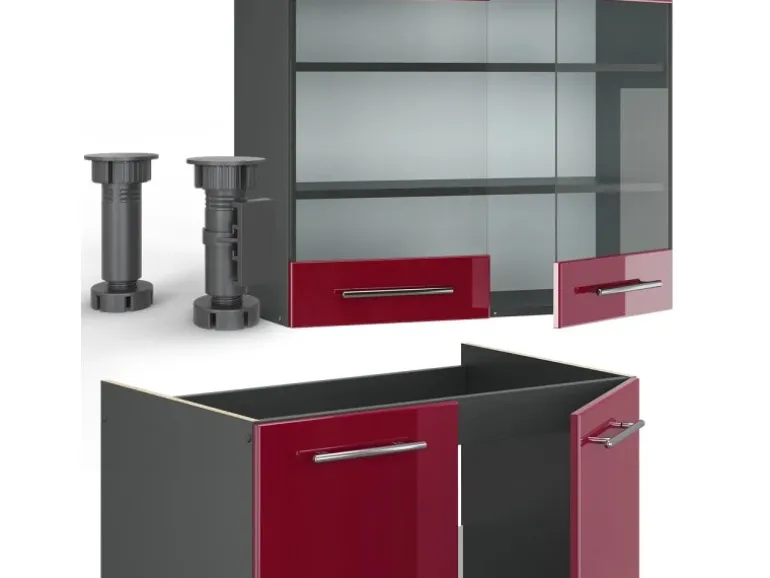 Vicco Fame-Line Küchenzeile Bordeaux Hochglanz/Anthrazit 235 cm AP Marmor ohne E-Geräte