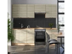 Vicco Fame-Line Komplettküche Eiche Paneel/Goldkraft Eiche 240 cm AP Marmor ohne E-Geräte