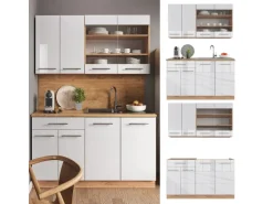 Vicco Fame-Line Singleküche Weiß Hochglanz/Goldkraft Eiche 140 cm AP Anthrazit ohne E-Geräte